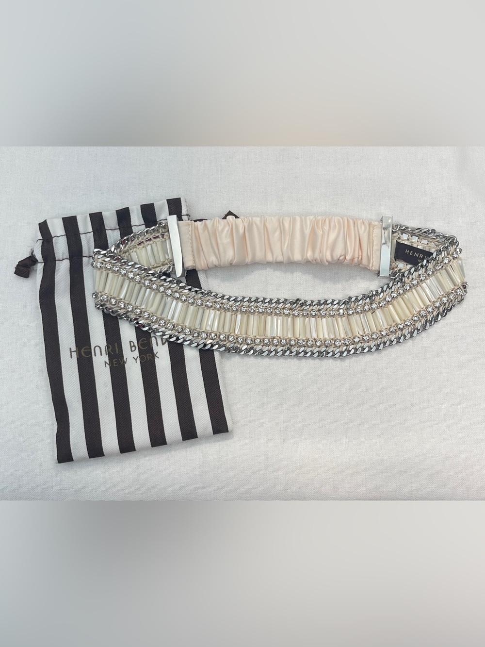 NWO Henri Bendel Beaded Embellished Cream Headband with Silver Chain Detail